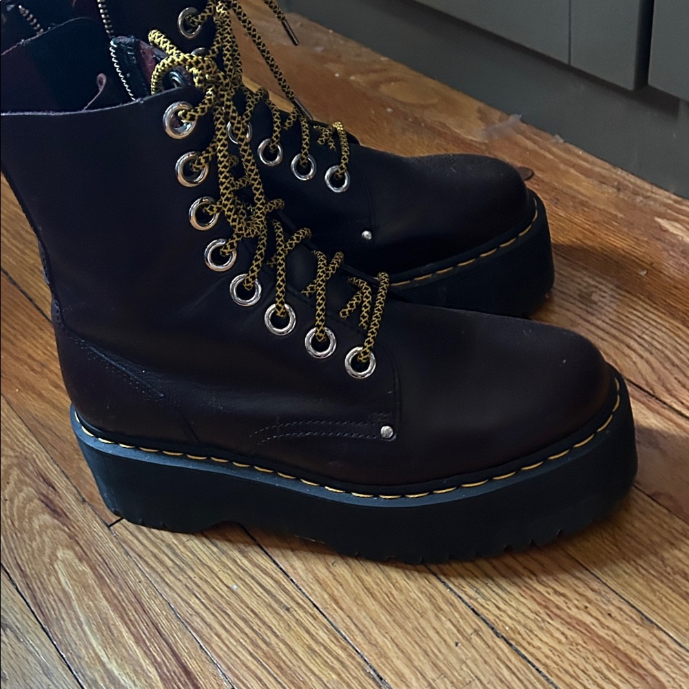 Chunky Platform Combat Boots with Yellow Accent Laces